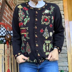 🎄Vintage Tiara International Black Christmas Button-up Cardigan S 🎄